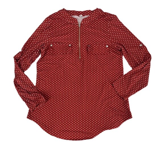Red Polka Dot Zip Front Blouse Long Sleeve Parisian Chic Large - Picture 2 of 6